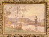 an image of a painting of a river with trees in the foreground