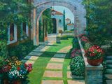 une peinture à l'huile représentant une cour avec des fleurs et des plantes en pot