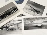 several black and white photos of people standing in front of an airplane