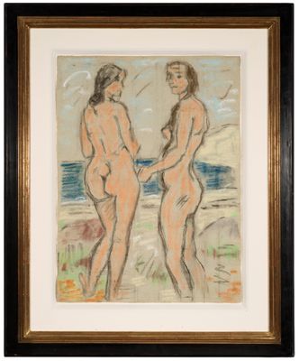 deux nus sur la plage, l'un debout et l'autre debout