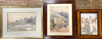 three framed pictures on the wall of a room