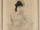 un vieux dessin représentant une femme portant un chapeau et une robe