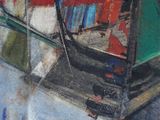 peinture abstraite représentant un bateau sur un plan d'eau, avec le ciel en arrière-plan
