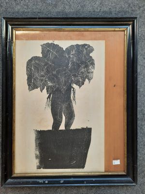 painting of an elephant standing on a potted plant in a black frame