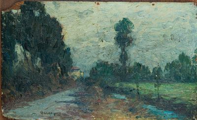 peinture d'un paysage avec une rivière et des arbres au premier plan
