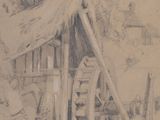 un dessin représentant une roue à aubes devant un bâtiment