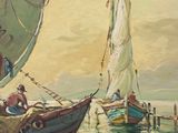 painting of a couple of sailboats in the water near a pier