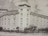 drawing of a large building with a clock tower on top of it