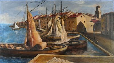 a painting of boats in a harbor with buildings in the background