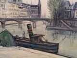 a painting of a boat on the water next to a building