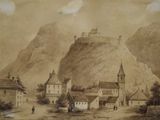 un dessin représentant un château sur une colline, avec une montagne en arrière-plan