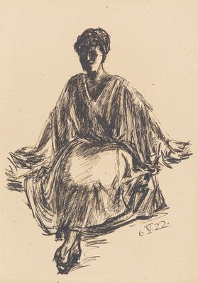 dessin représentant une femme assise sur une chaise, les jambes croisées