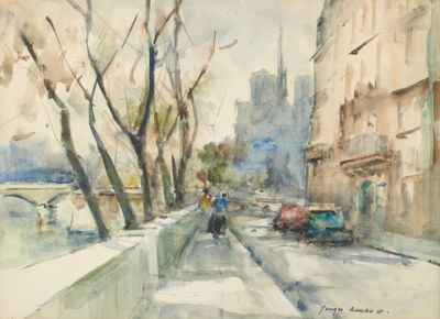 a painting of a person walking down a street