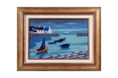 tableau représentant des bateaux dans un port, avec une maison blanche en arrière-plan