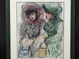 dessin encadré représentant deux femmes portant des chapeaux et tenant un sac à main