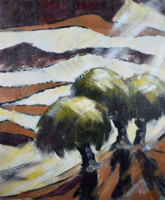 une peinture à l'huile représentant trois arbres sur une colline, avec le ciel en arrière-plan