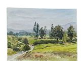a watercolor painting of a landscape with trees and a stream