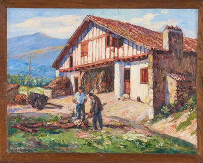 an oil painting of two men in front of a house