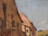 painting of a street scene with a horse and buggy in the foreground