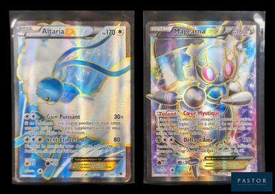 two pokemon cards are shown side by side on a black background