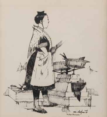 drawing of a woman in a kimono standing next to a bird