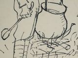 drawing of a man with a hat and boots standing next to a pot