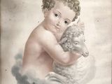 painting of a baby holding a lamb in a cloud with a sky background