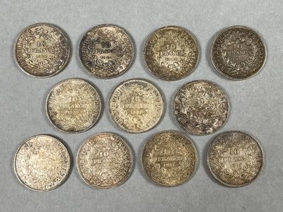 Réunion de 11 (onze) pièces de 10 francs Dupré/Hercule en ar…