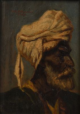 une peinture à l'huile représentant un homme coiffé d'un turban