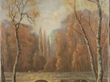 tableau représentant une scène fluviale avec du bétail traversant un pont