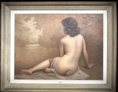 tableau représentant une femme nue assise sur une serviette devant un fond marron