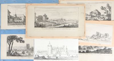 plusieurs dessins représentant un château et d'autres bâtiments sur fond bleu