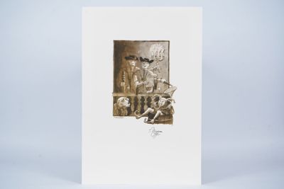 a white card with a drawing of a man and a woman sitting on a bench