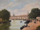 un tableau représentant une scène fluviale avec des bateaux sur l'eau