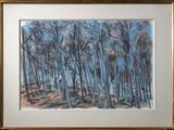 painting of trees in a forest with a blue sky in the background
