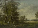 tableau représentant un paysage boisé avec un homme assis sur un banc