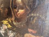 an oil painting of a woman holding a baby and a dog