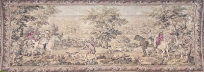 a picture of a tapestry with a picture of people riding horses