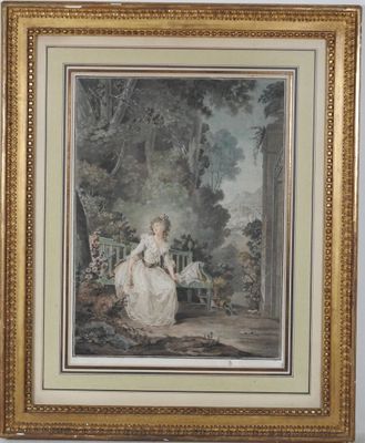 tableau représentant une femme en robe blanche assise sur un banc