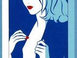 an illustration of a woman holding a red object in front of a blue background