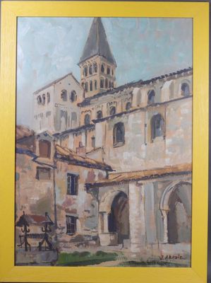 une peinture d'un bâtiment avec une tour d'horloge en arrière-plan