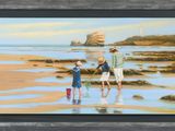 painting of a family on the beach with a lighthouse in the background