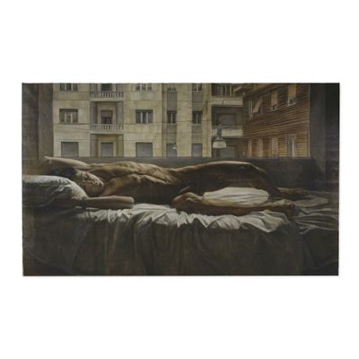 un tableau représentant un chien allongé sur un lit devant une fenêtre