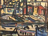 an oil painting of boats in a harbor with buildings in the background