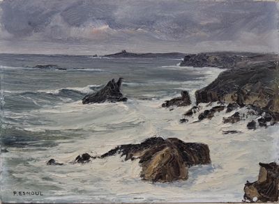 peinture représentant un tableau d'une plage rocheuse avec un phare au loin