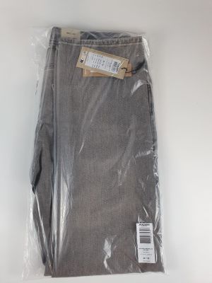 men ' s grey pants in a bag on a white surface