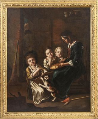 un tableau représentant une famille avec un chien et un chat