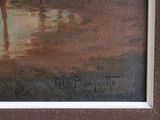 an oil painting of a group of people riding horses on a beach