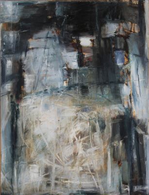 an oil painting of a painting of a building with a window