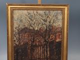 une image représentant un tableau posé sur un chevalet en bois, avec un tableau représentant des arbres en arrière-plan